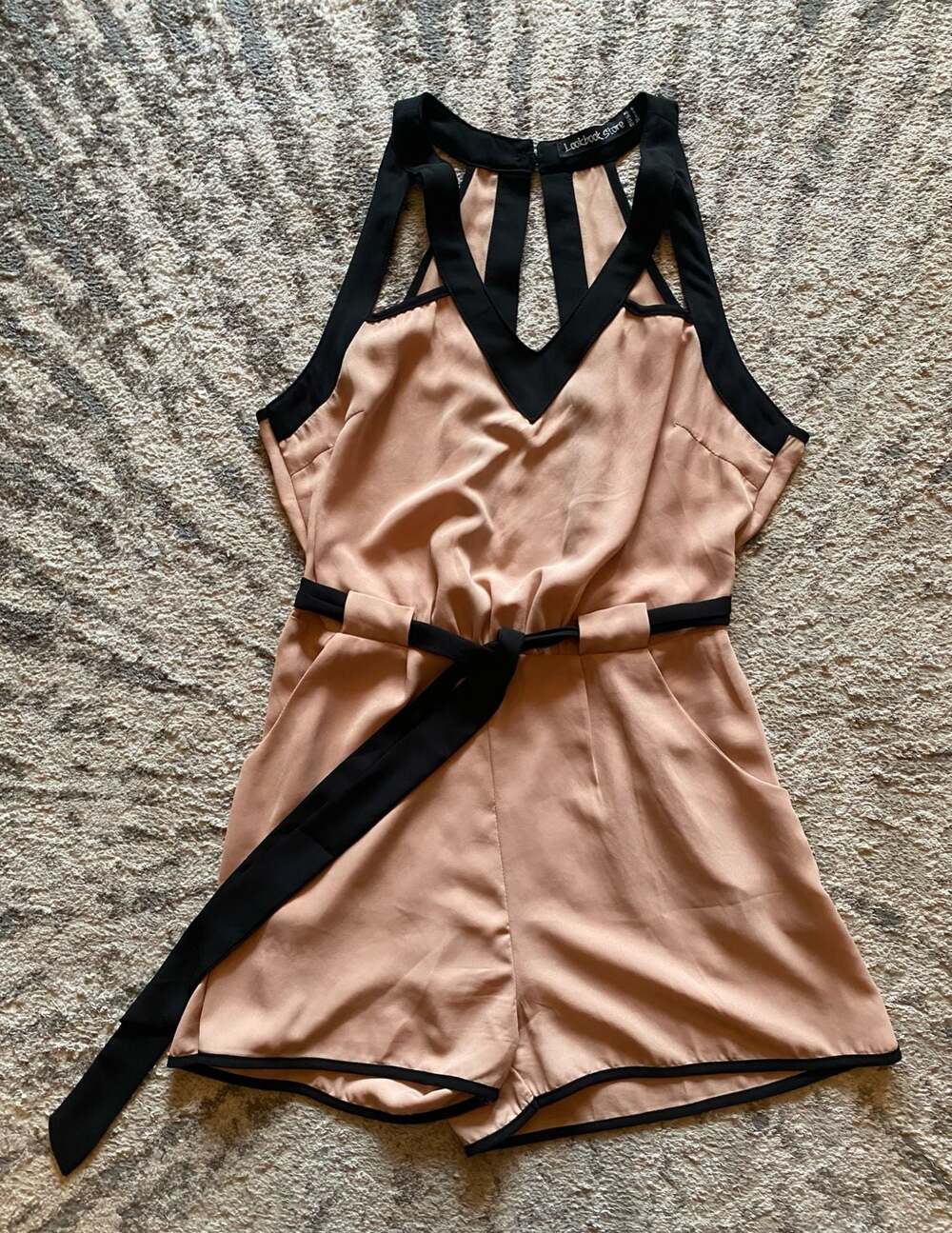 Lookbook Store Nude Romper with Black Trim and Tie Belt